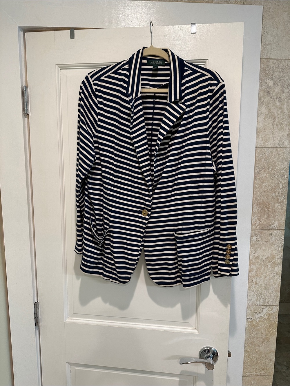 Lauren Ralph Lauren Navy and White Striped Single-Button Blazer
